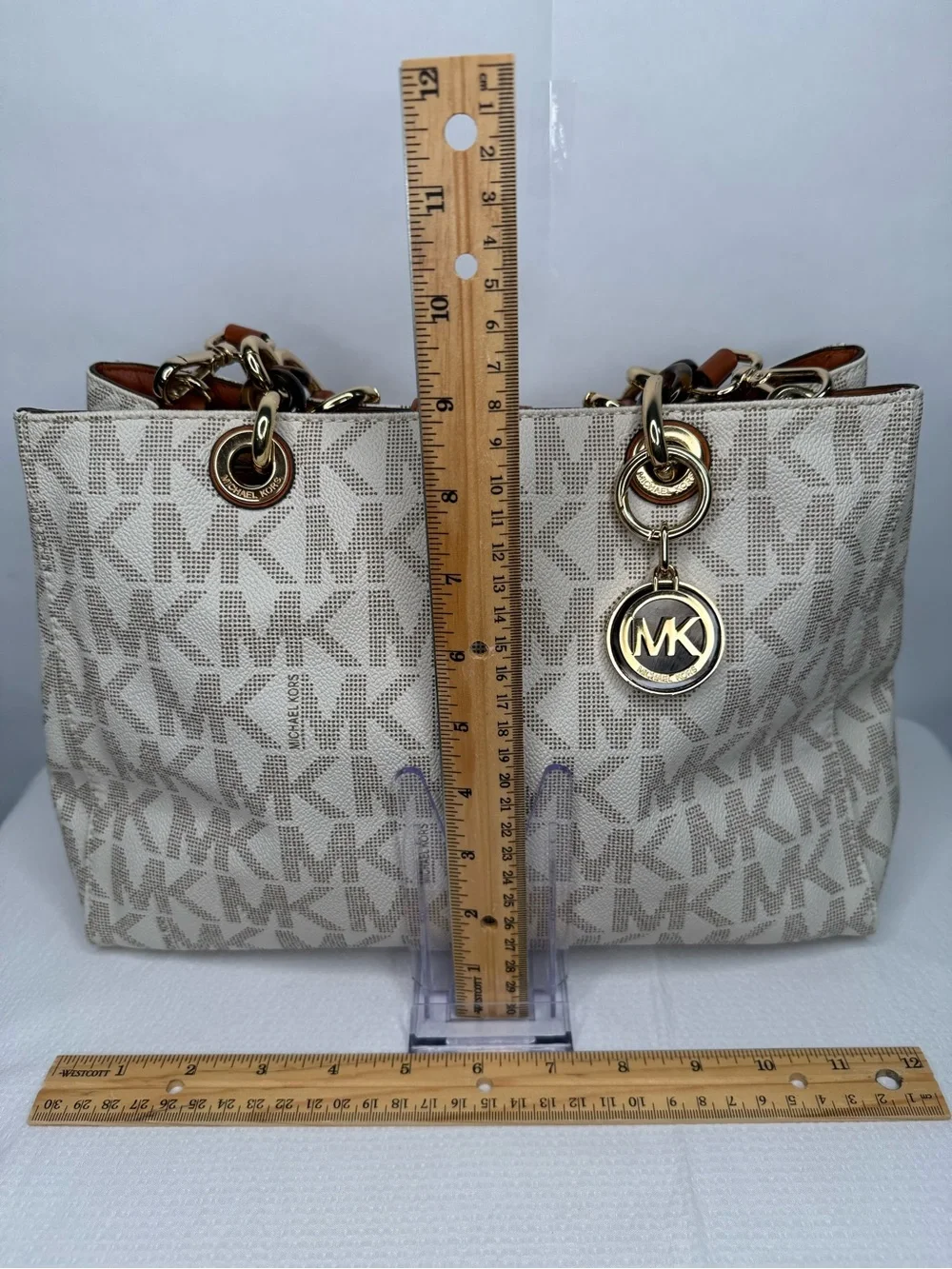 Michael Kors Cream Logo Tote with Brown Leather Straps